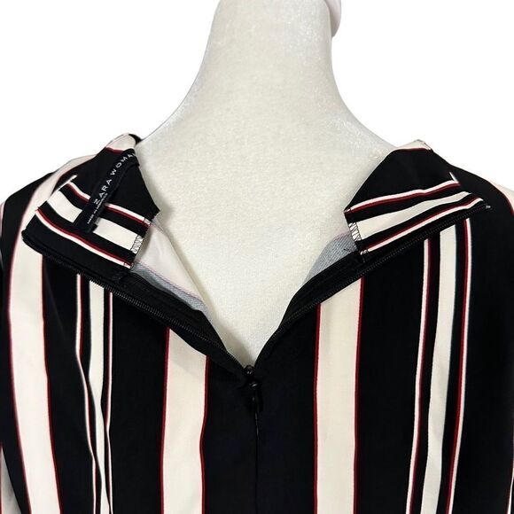 Zara Woman Black Red & White Stripe Collarless Cropped Blouse Size Medium - Picture 6 of 11